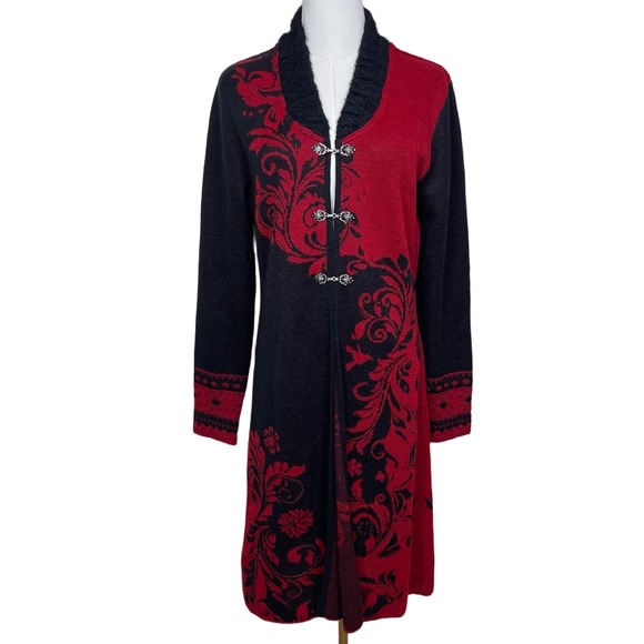NorthStyle Alpaca Longline Cardigan S Red Black Floral Scroll Clasp Romantic - Picture 2 of 9